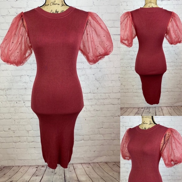 Haute Monde Rust Ribbed Knit Sheer Poof Sleeve Bodycon Dress - Picture 1 of 1